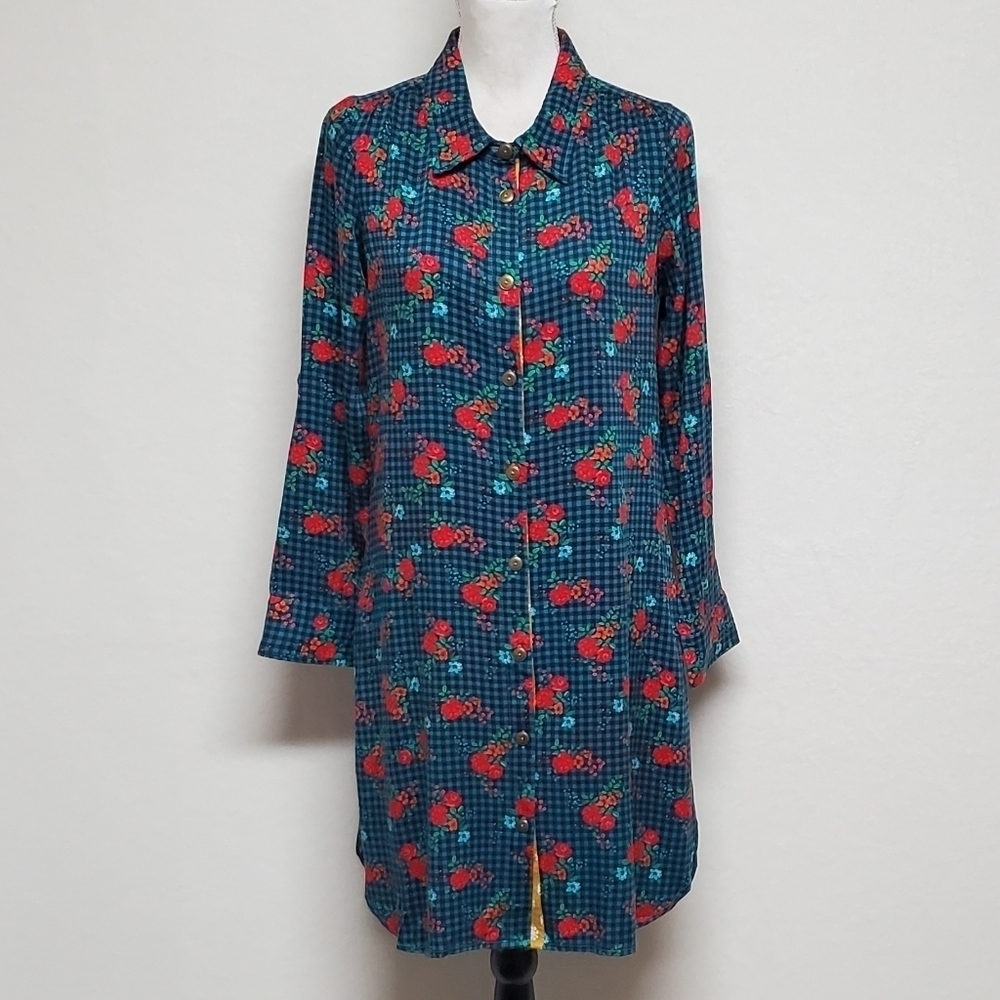 MATILDA Jane Fa La La Blue Plaid Red Rose Floral Button Up Midi Dress XS - Picture 2 of 14